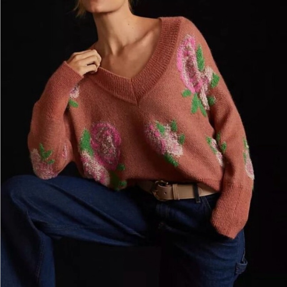 Anthropologie Floral Rose Knit Sweater